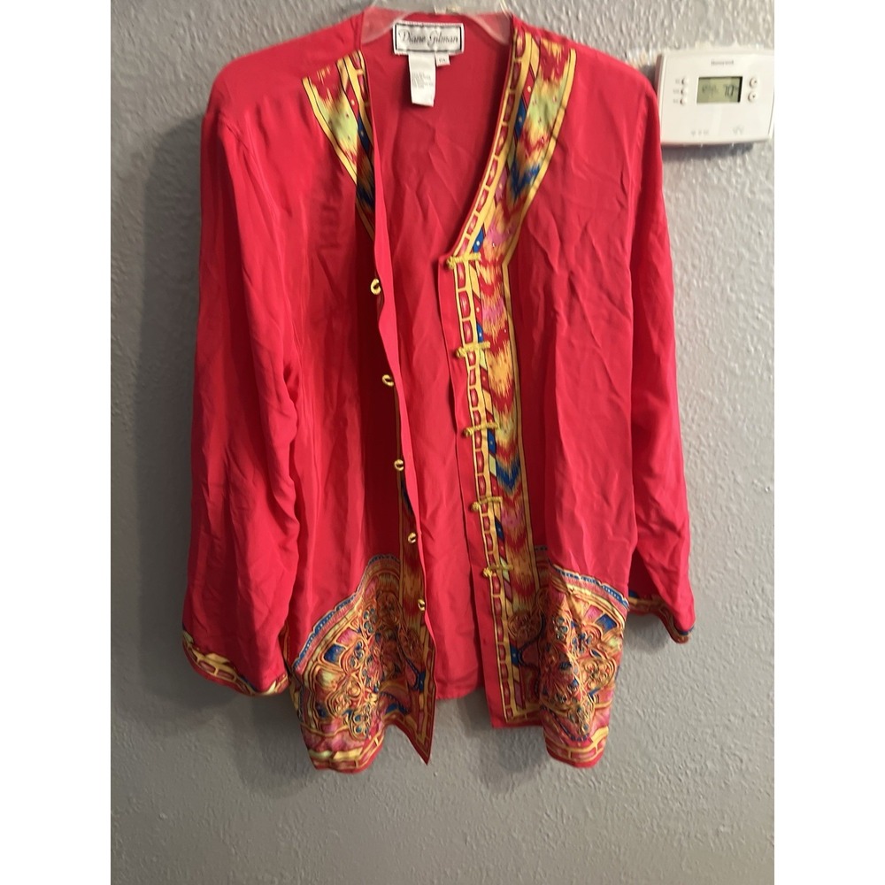 Diane Gilman Top 100% Silk P/L Button Up Sequins Art to Wear Tunic